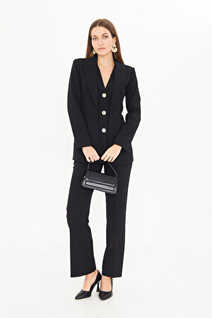 Yelek Detaylı 3 Gold Düğme Takım Siyah