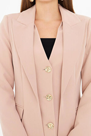 Yelek Detaylı 3 Gold Düğme Takım Bej