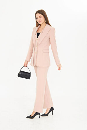 Yelek Detaylı 3 Gold Düğme Takım Bej