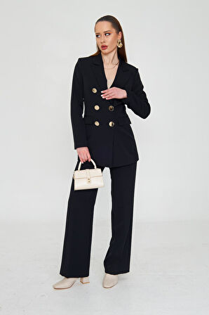 Büyük Gold Düğmeli Kruvaze Takım Siyah