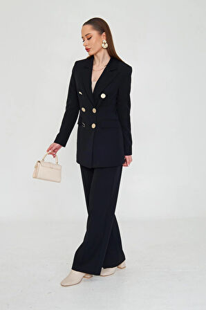 Büyük Gold Düğmeli Kruvaze Takım Siyah