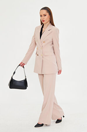 Büyük Gold Düğmeli Kruvaze Takım Bej