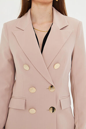 Büyük Gold Düğmeli Kruvaze Takım Bej