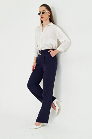 Gold Aksesuarlı Bol Paça Pantolon Lacivert