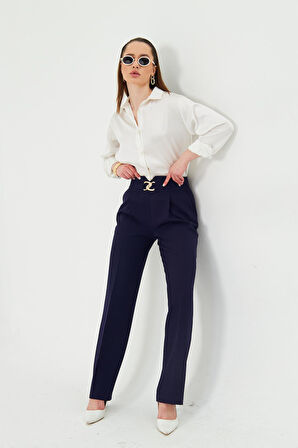 Gold Aksesuarlı Bol Paça Pantolon Lacivert