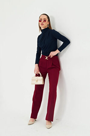 Gold Aksesuarlı Bol Paça Pantolon Bordo