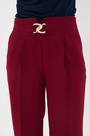 Gold Aksesuarlı Bol Paça Pantolon Bordo