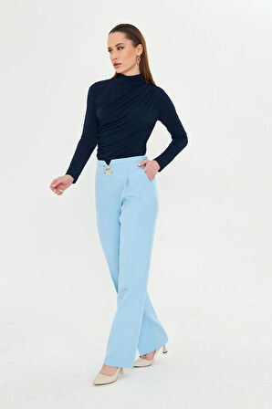 Gold Aksesuarlı Bol Paça Pantolon Bebe Mavi