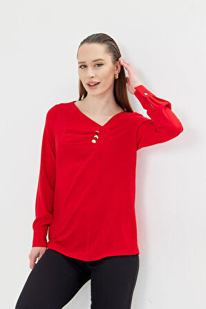 Yakası Pileli ve Düğme Detaylı Gömlek Kırmızı