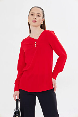 Yakası Pileli ve Düğme Detaylı Gömlek Kırmızı