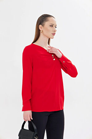 Yakası Pileli ve Düğme Detaylı Gömlek Kırmızı