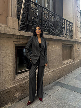 Şal Yaka Çizgili Poliviskon Takım Antrasit