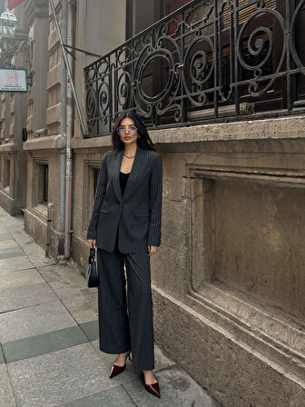 Şal Yaka Çizgili Poliviskon Takım Antrasit