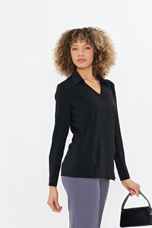  Asimetrik Pile Detay Gömlek Siyah