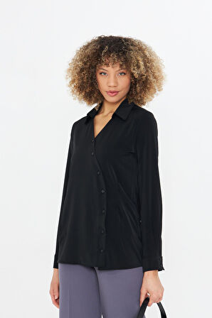  Asimetrik Pile Detay Gömlek Siyah