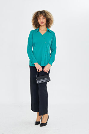 Asimetrik Pile Detay Gömlek Yeşil