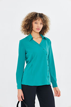  Asimetrik Pile Detay Gömlek Yeşil