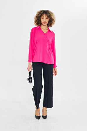  Asimetrik Pile Detay Gömlek Fuşya