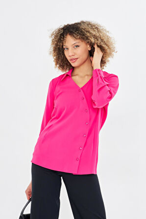  Asimetrik Pile Detay Gömlek Fuşya