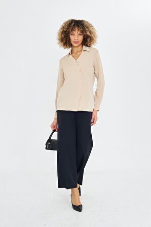  Asimetrik Pile Detay Gömlek Bej