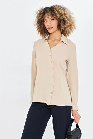  Asimetrik Pile Detay Gömlek Bej