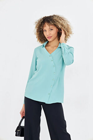  Asimetrik Pile Detay Gömlek Mint Yeşili