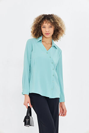  Asimetrik Pile Detay Gömlek Mint Yeşili