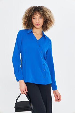  Asimetrik Pile Detay Gömlek Saks