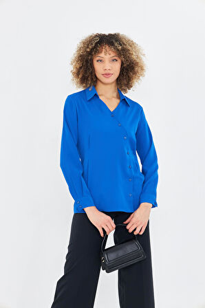  Asimetrik Pile Detay Gömlek Saks