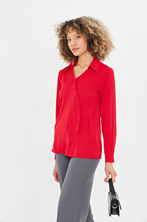  Asimetrik Pile Detay Gömlek Kırmızı