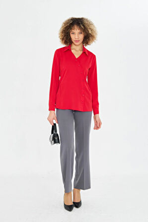  Asimetrik Pile Detay Gömlek Kırmızı