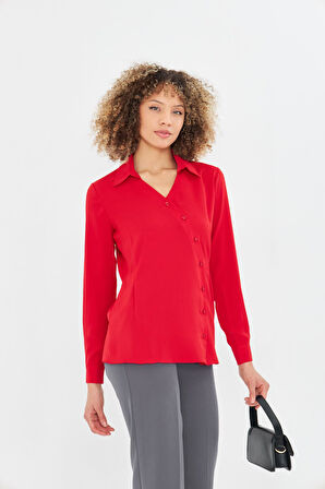  Asimetrik Pile Detay Gömlek Kırmızı