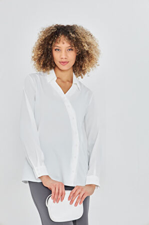  Asimetrik Pile Detay Gömlek Ekru