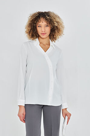  Asimetrik Pile Detay Gömlek Ekru