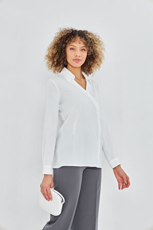  Asimetrik Pile Detay Gömlek Ekru