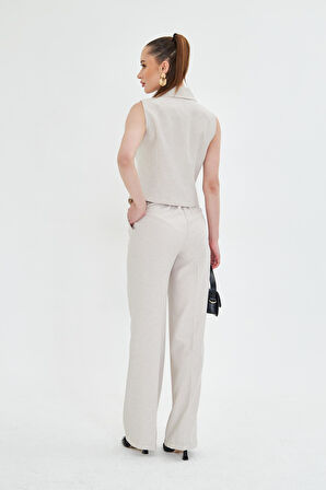 Gold Düğmeli Kısa Yelek Takım Bej