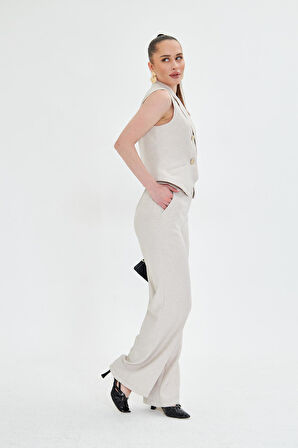 Gold Düğmeli Kısa Yelek Takım Bej