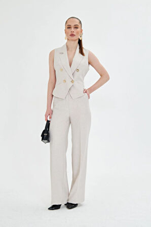 Gold Düğmeli Kısa Yelek Takım Bej