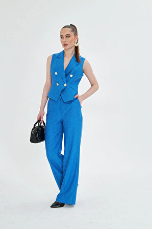 Gold Düğmeli Kısa Yelek Takım Saks