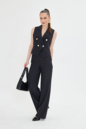 Gold Düğmeli Kısa Yelek Takım Siyah