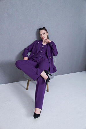 Yakası Düğme Detaylı 3lü Takım Mor