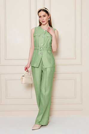 Kemer Detay Gofreli Yelek Takım Mint