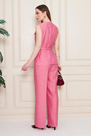 Kemer Detay Gofreli Yelek Takım Fuşya