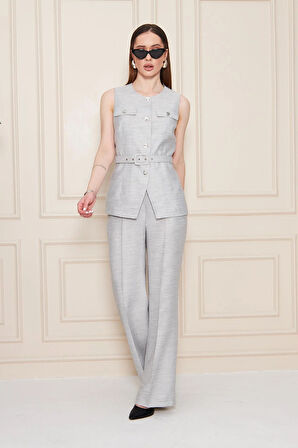 Kemer Detay Gofreli Yelek Takım Gri