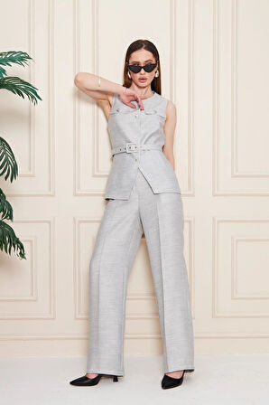 Kemer Detay Gofreli Yelek Takım Gri