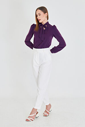 Büzgü Kol Fularlı Gömlek Mor