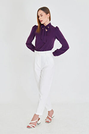 Büzgü Kol Fularlı Gömlek Mor