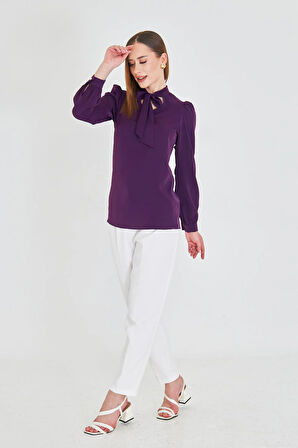 Büzgü Kol Fularlı Gömlek Mor