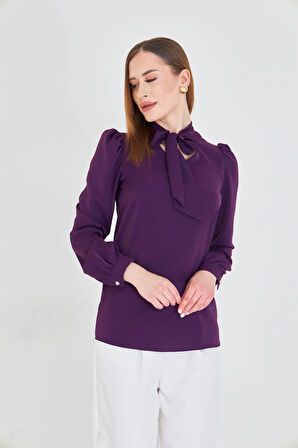 Büzgü Kol Fularlı Gömlek Mor