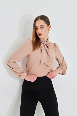 Büzgü Kol Fularlı Gömlek Vizon